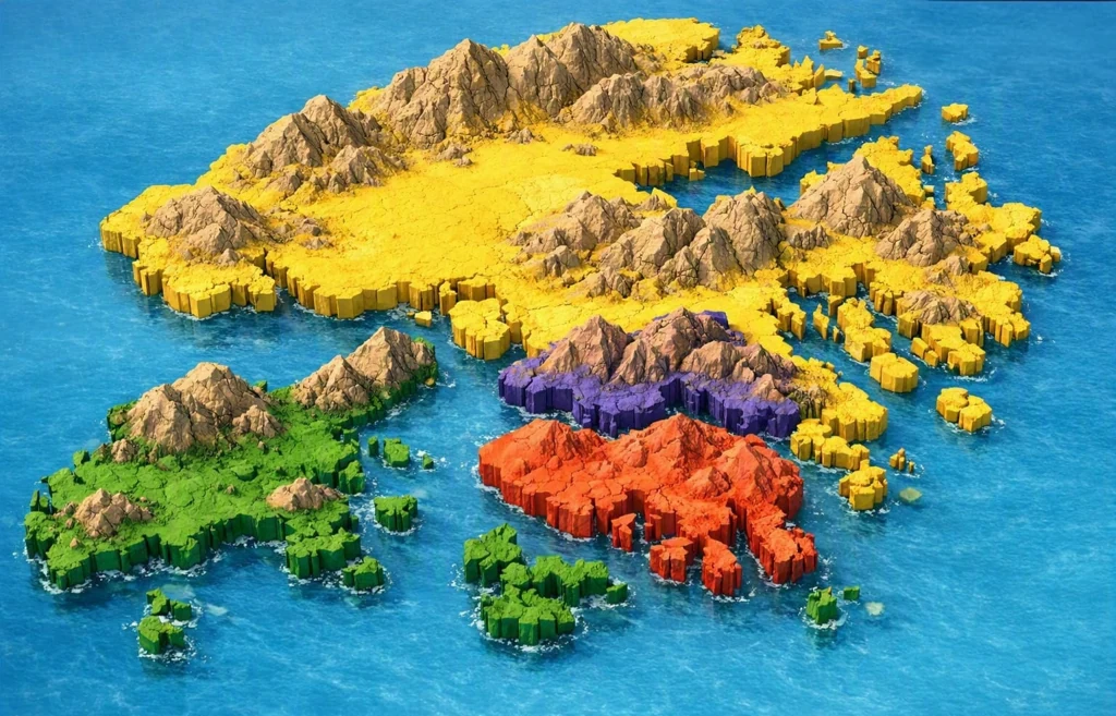 A stylised 3D relief map of Hong Kong, coloured by area.